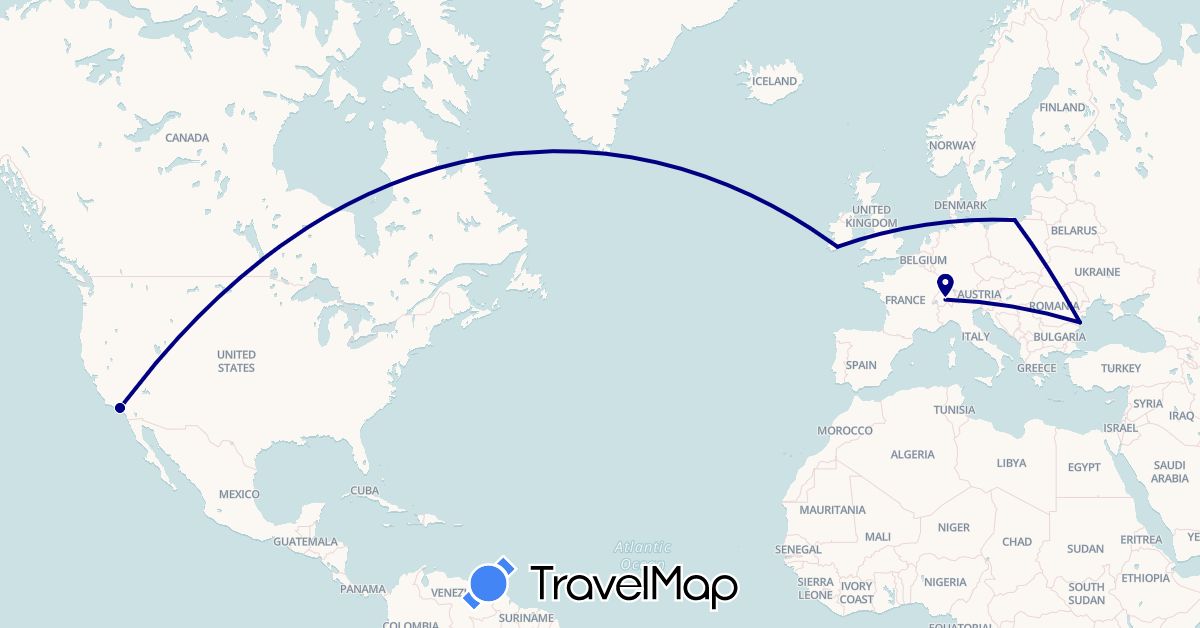 TravelMap itinerary: driving in Switzerland, Ireland, Poland, Romania, United States (Europe, North America)